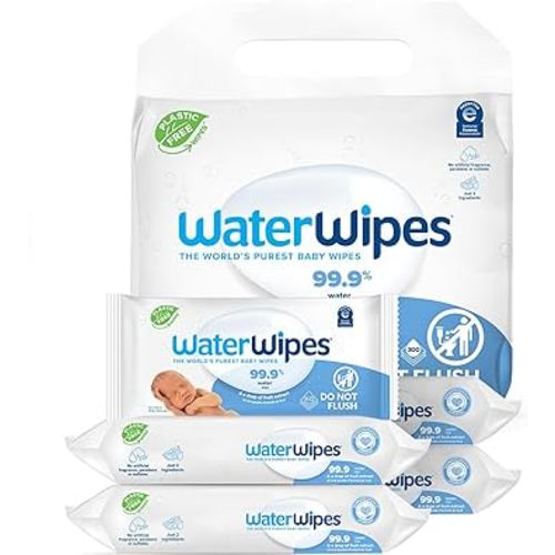 WaterWipes Plastic-Free Original Baby Wipes, 99.9% Water Based Wipes, Unscented & Hypoallergenic for Sensitive Skin, 300 Count (5 packs)