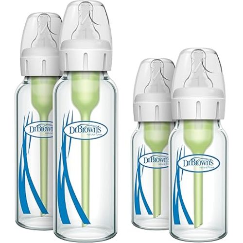 Dr. Brown's Natural Flow Anti-Colic Options+ Narrow Glass Baby Bottles, Made in The USA, BPA Free, 8oz and 4oz, 0m+, 4-Pack