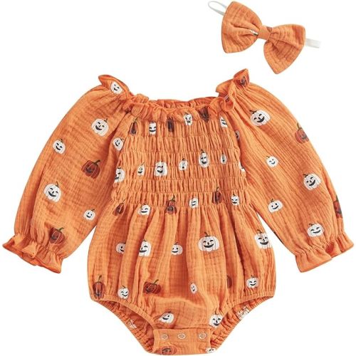 FYBITBO Infant Baby Girl Halloween Romper Dress Pumpkin Long Sleeve Ruched Bodysuit Jumpsuit with Headband Set Cute Clothes