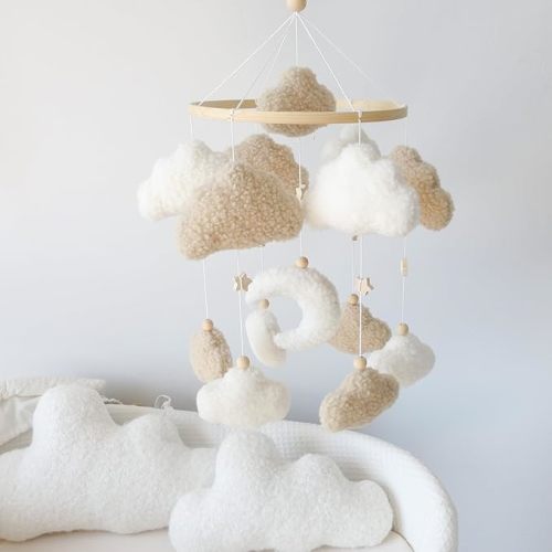 Neutral Boho Cloud Mobile for Crib with Moon Neutral Baby Crib Mobile Boho Crib Mobile Boucle Baby Mobile for Crib Bassinet