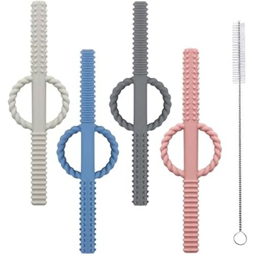 4 Pack Handle Hollow Teethers Tubes (6.8'' Long) Teething Toys for Babies 0-6 Months - BPA Free