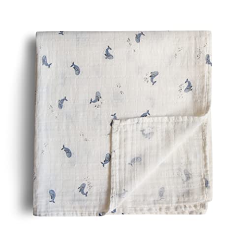 mushie Muslin Baby Swaddle Blanket | 100% Organic Cotton (Whales)