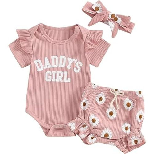 Tsnbre Newborn Infant Baby Girl Clothes Mamas Girl 3PC Summer Outfit Set Ruffle Short Sleeve Romper Floral Shorts Headband