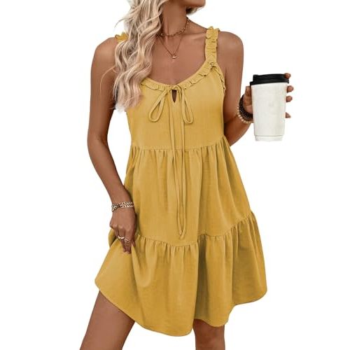 BLENCOT Maternity Dress Sleeveless Tie-Front Ruffle Strap Smocked Tiered Midi Dress with Pockets