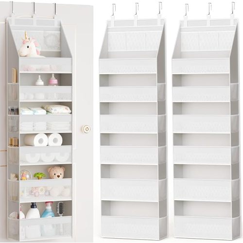 2 Pack Over the Door Organizer, 6-Shelf Closet Hanging Storage with 13 Mesh Pockets, 55lbs Capacity Behind the Door Storage for Baby Nursery, Bathroom, Bedroom, and Dorm, Beige