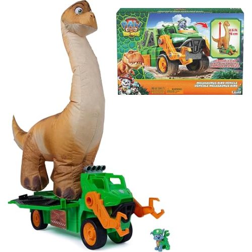 PAW Patrol: The Dino Movie, Megasaurus Dino Vehicle with 2.5 Ft Inflatable Dinosaur Toy and Rocky Action Figure, Preschool Toys for Girls & Boys Ages 3+