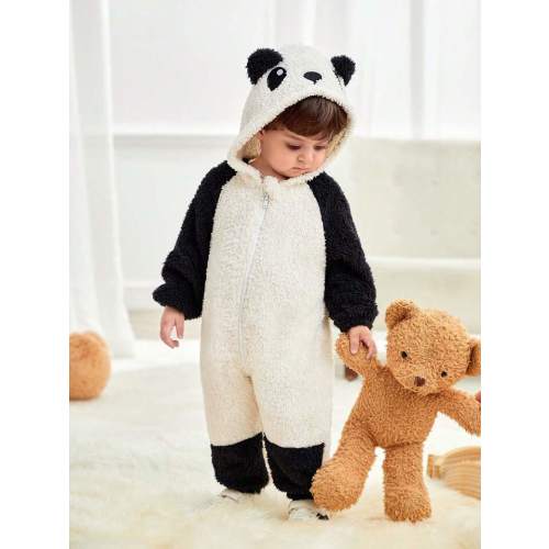 SHEIN Newborn Baby Fluffy Black & White Panda Cartoon Pattern Hooded Romper Suitable For Autumn & Winter | SHEIN USA