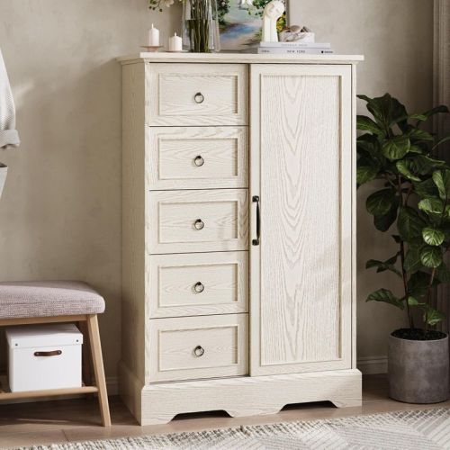 5 Drawers Dresser Organizer with Sliding Barn Door, Wood Storage Cabinet, White Grey