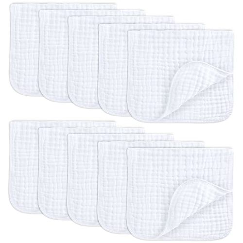 Comfy Cubs Muslin Burp Cloths 20" x 10", Pack of 10 - Large, 6-Layer, Ultra Absorbent 100% Cotton for Baby Drool and Messes - Soft, Safe & Gentle Baby Burp Cloths for Boys & Girls - White