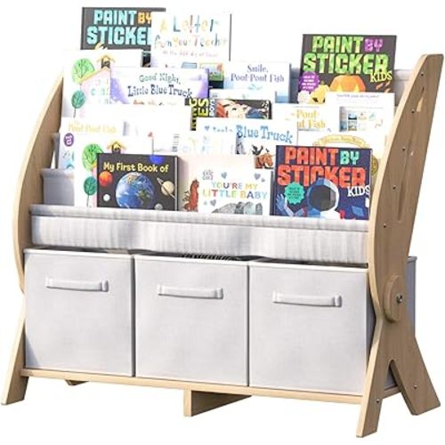 Kids Bookshelf 4 Tier Toddler Book Rack Baby Bookcase with 3 Toy Storage Organizer Cube Bins Fabric Sling Children Bookshelf for Boys Girls Kids Room Nursery Palyroom Book Display Shelf Wood