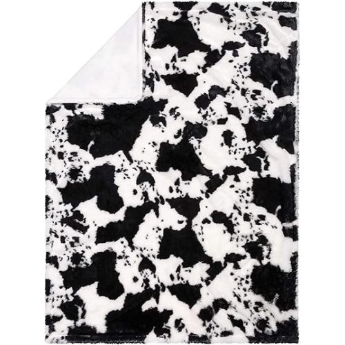Cow Print Plush Baby Blanket-Cow Print Plush, White Back, Black, White, 30 in x 40 in