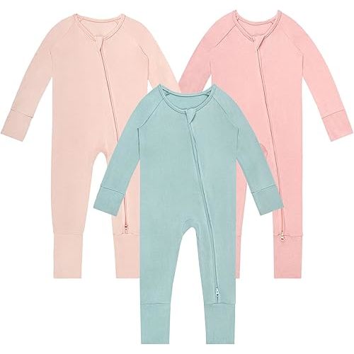 Rayon of Bamboo Baby Rompers Long Sleeve Two Way Zipper Pajamas With Footed Or Footless And Mitten Cuffs Convertible.