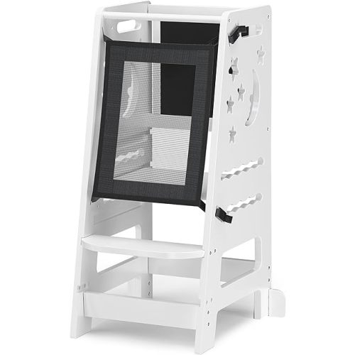 TOETOL Bamboo Toddler Kitchen Stool for Kids Step Stool - White Little Helper Tower Adjustable Height with Learning Black & White Activity Board1