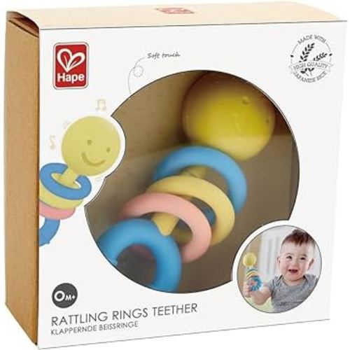 Hape Rattling Rings Teether | Movable Teething & Rattle Shake Toy for Babies, Soft Colors, L: 5.5, W: 1.8, H: 2.1 inch