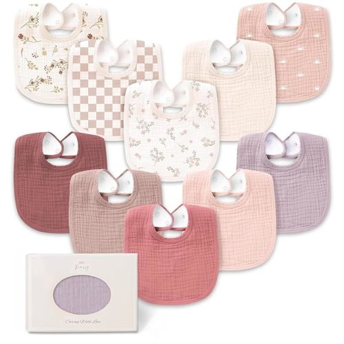 Konssy 10-Pack Muslin Baby Bibs, Soft Cotton Bandana Bibs for Drooling & Teething, Unisex Solid Colors for Boys & Girls, Newborn & Infant, Perfect Shower Gift