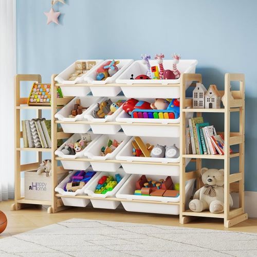 Extra Large Toy Storage - Toy Storage Organizer, Wooden Toy Organizer with 6 Side Shelves and 12 Storage Bins, 3-in-1 Toy Storage and Bookshelf for Kids Rooms, playroom, Nursery, White