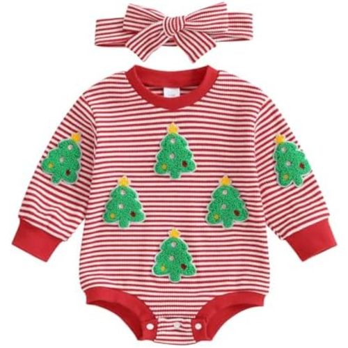 Christmas Newborn Baby Girl Outfit Tree Embroidery Long Sleeve Striped Waffle Bubble Romper Matching Headband