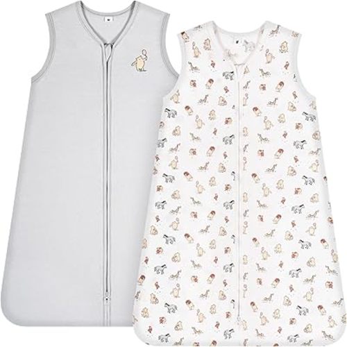 TILLYOU Sleep Sack 6-12 Months - 0.5 TOG Baby Wearable Blanket with 2-Way Zipper, Extra Soft Cotton Sleeveless Sleepsack 2 Pack, Bear Forest & Grey