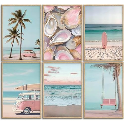 6Pcs Pink Coastal Beachy Wall Art Coastal Granddaughter Ocean Preppy Room Wall Decor Beach Aesthetic Paintings Pictures Posters Prints Artwork for Teen Girls Dorm Home Decoration(8x10 in Poster)