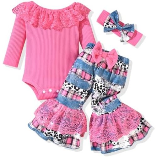 HINTINA Newborn Baby Girl Short Sleeve Bodysuit Flared Pants Ribbed Outfits