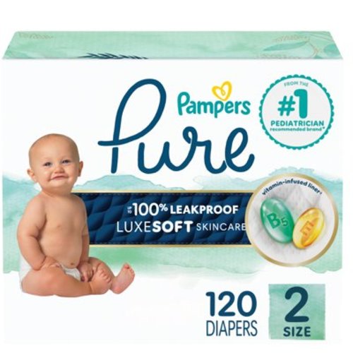 Pampers Pure Baby Diapers, Size 2 (12-18 lbs), 120, Up to 100% Leakproof, Premium Hypoallergenic Soft Diapers