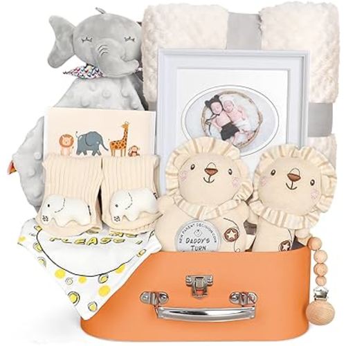 Baby Shower Gifts for Boys Girls, Baby Gifts Basket Newborn Blanket Rattle Toys Keepsake Pacifier Clip Infant Bibs Socks New Parent Decision Coin Greeting Card, Baby Gift Set Gender Reveal Essential