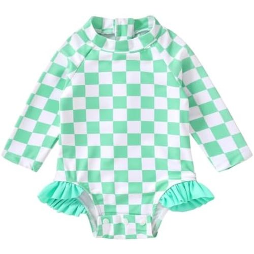 YOUNGER TREE Baby Swimsuit Girl Long Sleeve Ruffle Zipper Rash Guard Infant One Piece Swimwear Toddler Bathing Suit Girl