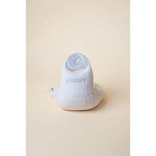 Our Cotton Fuzzy Feeder Bottle Holder with Slogan for Self Feeding - Velcro Closure System for Secure and Adjustable Fit - Adorable Baby Friend for Feeding and Playtime (Hangry)