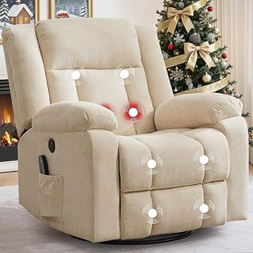 Rocker Recliner, Glider Recliner Chairs for Adults, 360° Swivel Rocking Chair with Massage and Heating, Nursery Chair with Storage and USB Charging for Living Room, Bedroom, Nursery