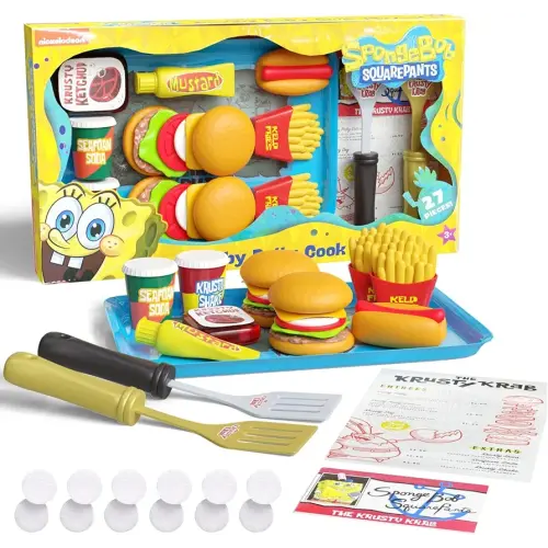 Spongebob Kids Kitchen Playset - Interactive Play Food with 2 Krabby Patty Burgers, Seafoam Shake, Kelp Fries, Spongebob Toys Kitchen Set for Kids Ages 3-5 Includes Velcro Dots