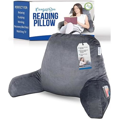 ComfortSpa Reading Pillow for Bed Adult Size, Back Rest Pillow with Arms, Pockets and Washable Cover; Use as a Back Pillow for Bed Sitting Up for Bedrest or Relief from GERD Heartburn (Large Grey)