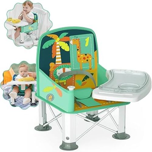 Baby Travel Booster Seat with Double Tray, BabyBond Upgraded Toddler Portable Baby Chair, Booster Seat for Dining Table, Stable and Foldable Booster Baby Chair for Indoor/Outdoor use (Cyan)