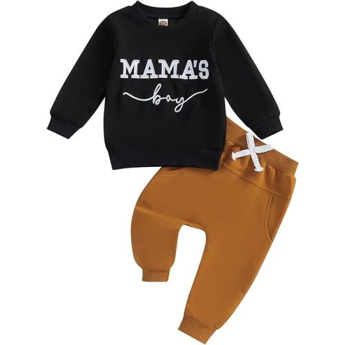 Toddler Baby Boy Fall outfit Mama's Boy Letter Embroidery Sweatshirt Top Elastic Pants Set Cute 2pcs Winter Clothes