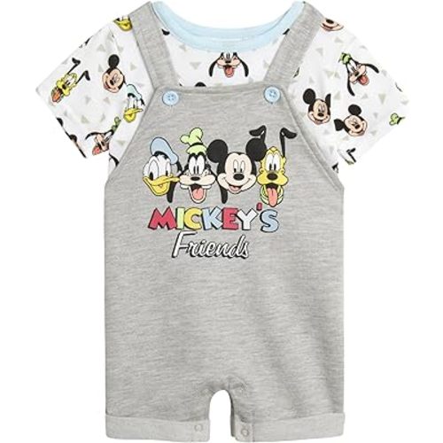 Disney Baby Boys' Overall Short Set, 2-Piece Mickey Mouse & Winnie The Pooh Shortall Romper T-Shirt Short Set (0-3M – 24M)