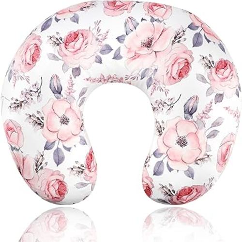 Nursing Pillow Cover Girls, Floral Breastfeeding Pillow Cover for Baby, Snug Fits Newborn Nursing Pillow Case, Super Soft Breathable, Pink Flower