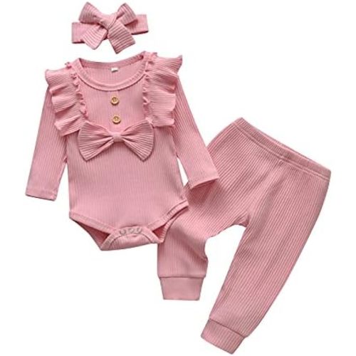 Kulcerry Newborn Infant Baby Girl Clothes Solid Color Ribbed Long Sleeve Romper Pants Headband Outfits Set
