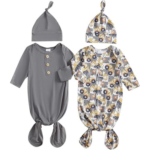woshilaocai 2 Pack Baby Boy Girl Gown Sleeper Newborn Knotted Nightgown and Hat Set Infant Sleepwear