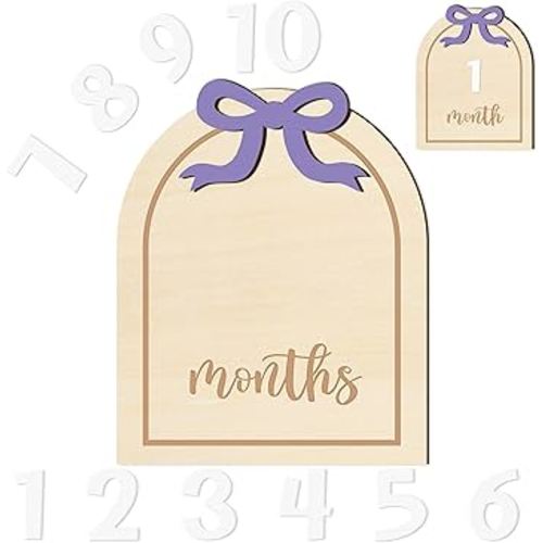R HORSE Baby Monthly Milestone Cards, 3D Purple Bow Wooden Monthly Milestone Discs with Number Cards, Baby Months Signs Announcement Newborn Photography Props Baby Shower Christmas Gifts for Boy Girl