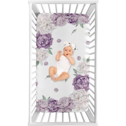 Sweet Jojo Designs Girl Photo Op Fitted Crib Sheet Peony Floral Garden Purple Ivory