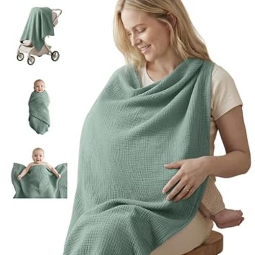 Blissful Diary Muslin Nursing Cover for Breastfeeding, Breathable Breastfeeding Cover up with Arch Neckline for Women, Nursing Apron (Roman Green)