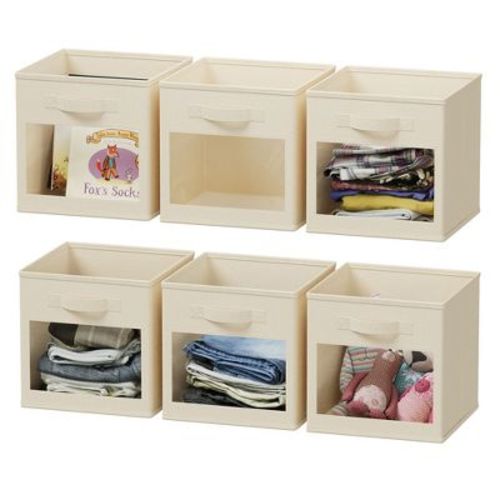 Storage Cubes with Clear Windows, Set of 6 Fabric 11-Inch Foldable Baskets Boxes for Closet, Cubby Shelf, or Cube Storage Organizer,Beige