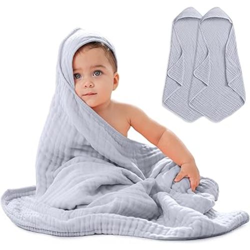 Comfy Cubs Hooded Baby Towel 2-Pack, Large 32 x 32 Inch - 6 Layer 100% Muslin Cotton for Babies, Toddlers and Kids - Soft & Absorbent Baby Bath Towels - Unisex Design for Bath Time - Slate