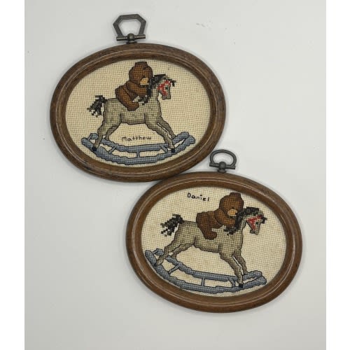 Vintage Nursery Needlepoint Names - Rocking Horse Teddy Bear - Matthew, Daniel