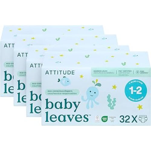 ATTITUDE Eco-Conscious Disposable Diapers, EWG Verified, Size 1/2 (7-17 lbs), Ultra Absorbent for Baby, Vegan & Plant-Based, 32 Count (Pack of 4)