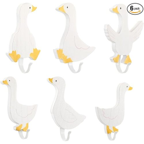 Beeveer 6 Pcs Decorative Goose Wall Hooks Kids Wooden Goose Baby Nursery Hooks Cute White Towel Hanger for Childs Nursery Bathroom Bedroom Home Decor