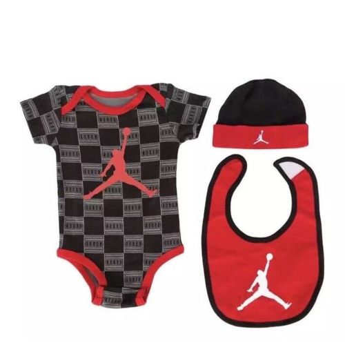 Nike Jordan 3-piece set (onesie, hat, bib), 0-6 months, Patterned Black/Red
