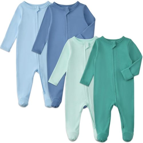 Aablexema Baby Pajamas with Mitten Cuffs Zipper 4-Pack Infant Newborn Cotton Long Sleeve Footie Outfit(Green/Blue Set,0-3m)