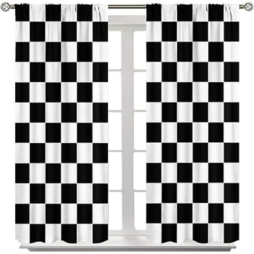 Black and White Checkered Curtains, Lovely Vintage Checkerboard Flag Racing Racing Line, Bedroom Living Room Decor Pole Pocket Curtains