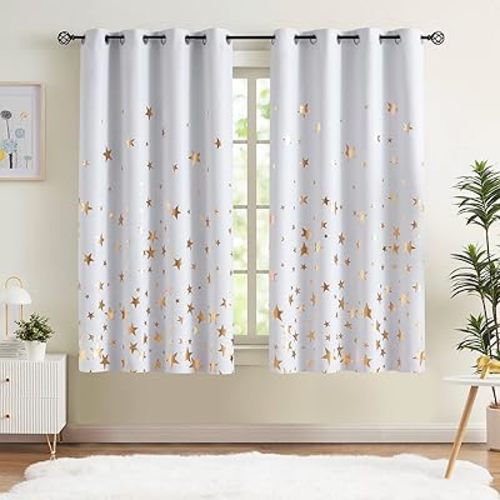 White Gold Full Blackout Curtains for Bedroom Thermal Insulated Foil Star Kids Curtains for Boys Room Grommet Top Window Treatment 2 Panels Drapes for Nursery (50" W x 63" L, White/Gold)