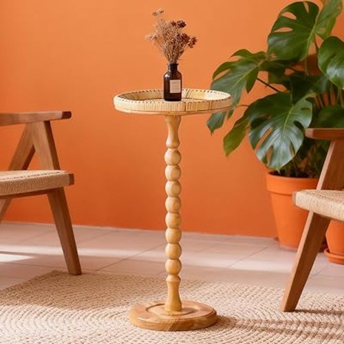 Small Side Table, Rattan Drink Table, Round Side Table for Small Spaces, Boho Circle End Table Coffee Table with Solid Wood Leg for Living Room, Pedestal Table for Bedroom, Corners